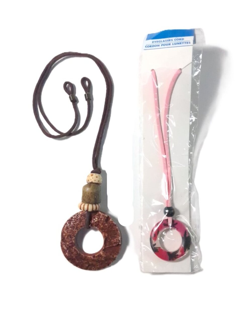 Vintage Eyeglass Holder Lot Cord Necklace Ring Pendant Brown Pink Plastic Resin